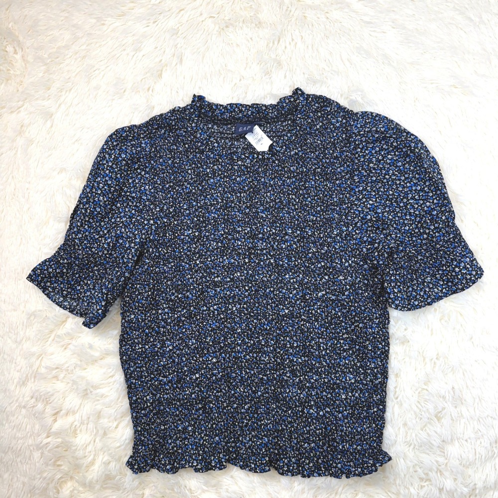 NWT Gap Smocked Top Womens XL Blue Floral Puff Sleeve Ruffle Neck Cottagecore